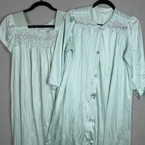 Vtg‎ Vanity Fair Nightgown Robe 2 Piece Mint Green Flowers Button Up Med *read